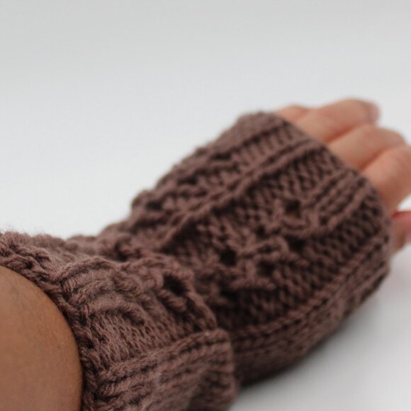 Handmade Hand Knit Cables and Lace Brown Taupe Acrylic Wrist Warmers - Picture 1 of 4